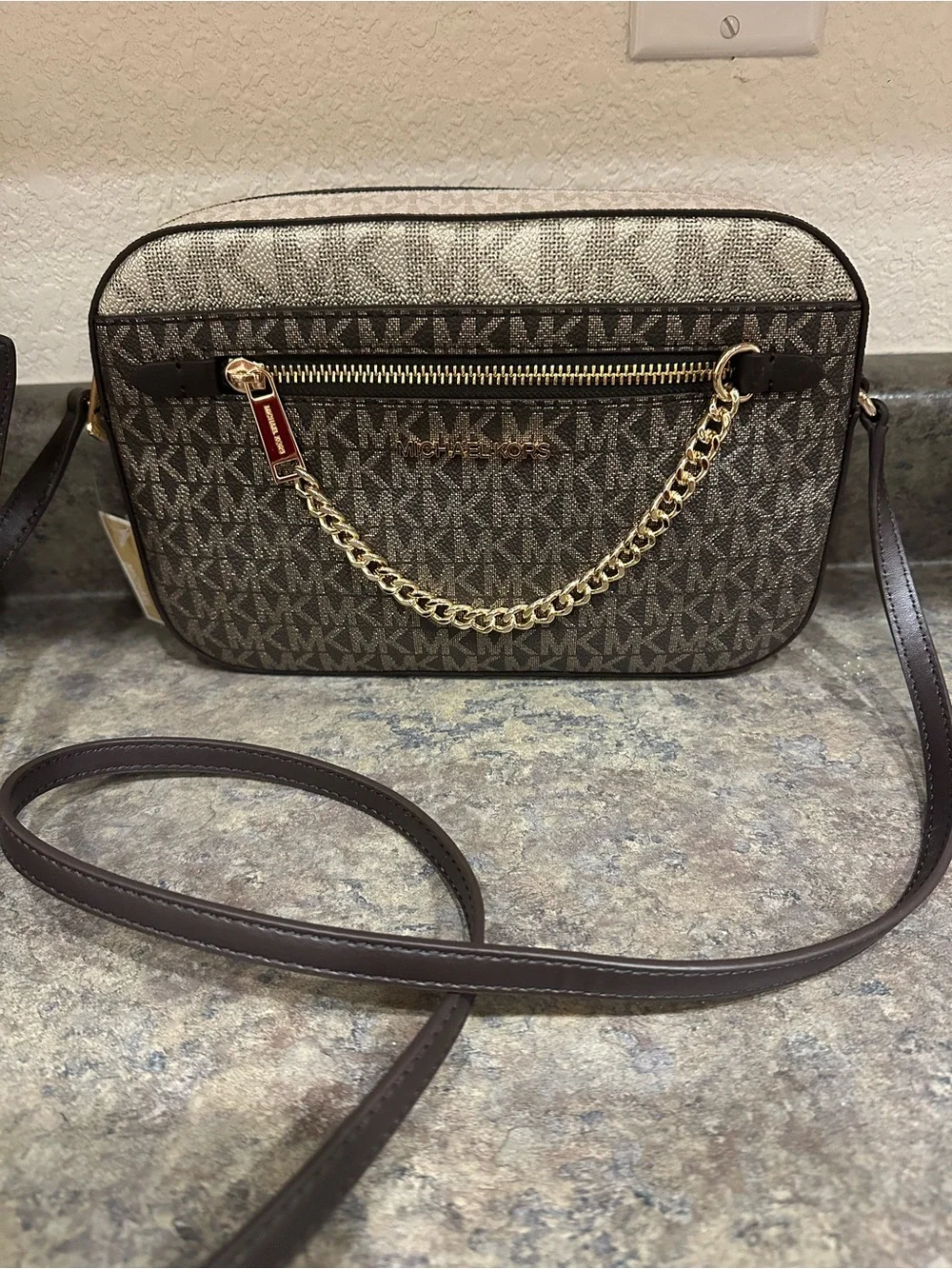 Michael Kors Brown MK Signature Crossbody with Gold Chain Accent